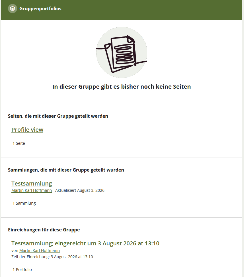 Screenshot der Hauptseite einer Mahara Gruppe. Unter den Überschriften "Seiten, die mit dieser Gruppe geteilt wurden", "Sammlungen, die mit dieser Gruppe geteilt wurden" und "Einreichungen für diese Gruppe" werden jeweils Portfolios aufgelistet, die durch Klick auf den Titel geöffnet werden können.