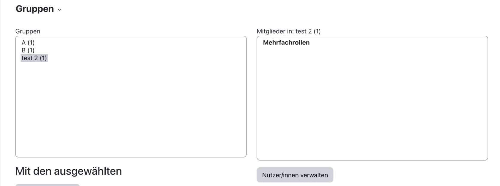 Bildschirmfoto der Gruppenauflistung. Unten rechts das Feld Nutzer/innen verwalten lässt Teilnehmer/innen hinzufügen.