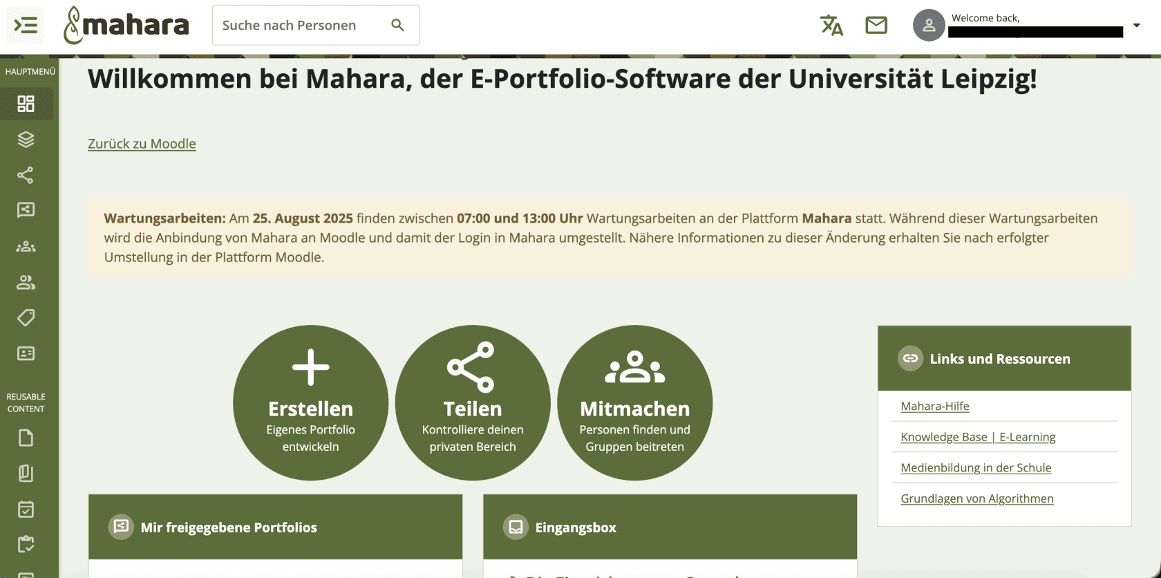 Screenshot der Mahara Willkommensseite/Dashboard