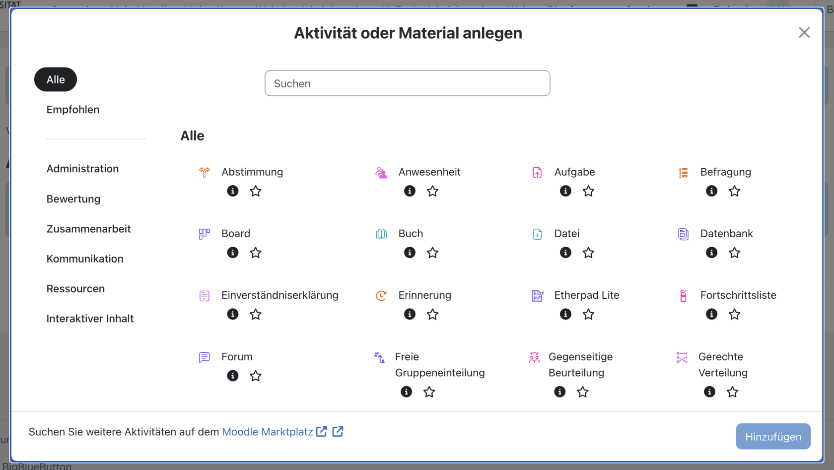 Bildschirmfoto der Seite Aktivitäten hinzufügen, auf der die jeweilige Aktivität ausgewählt werden kann.