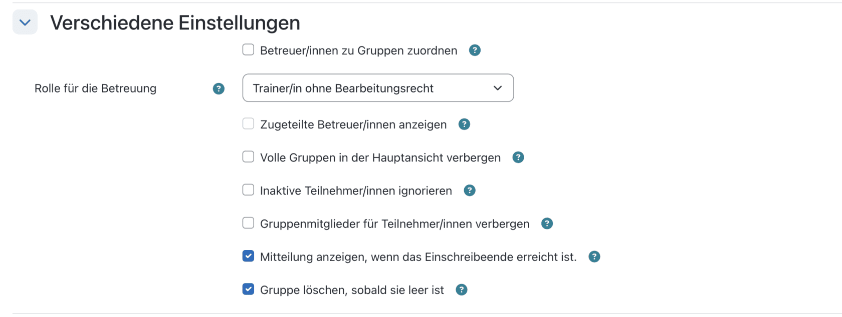 Bildschirmfoto der weiteren "verschiedenen Einstellungen"