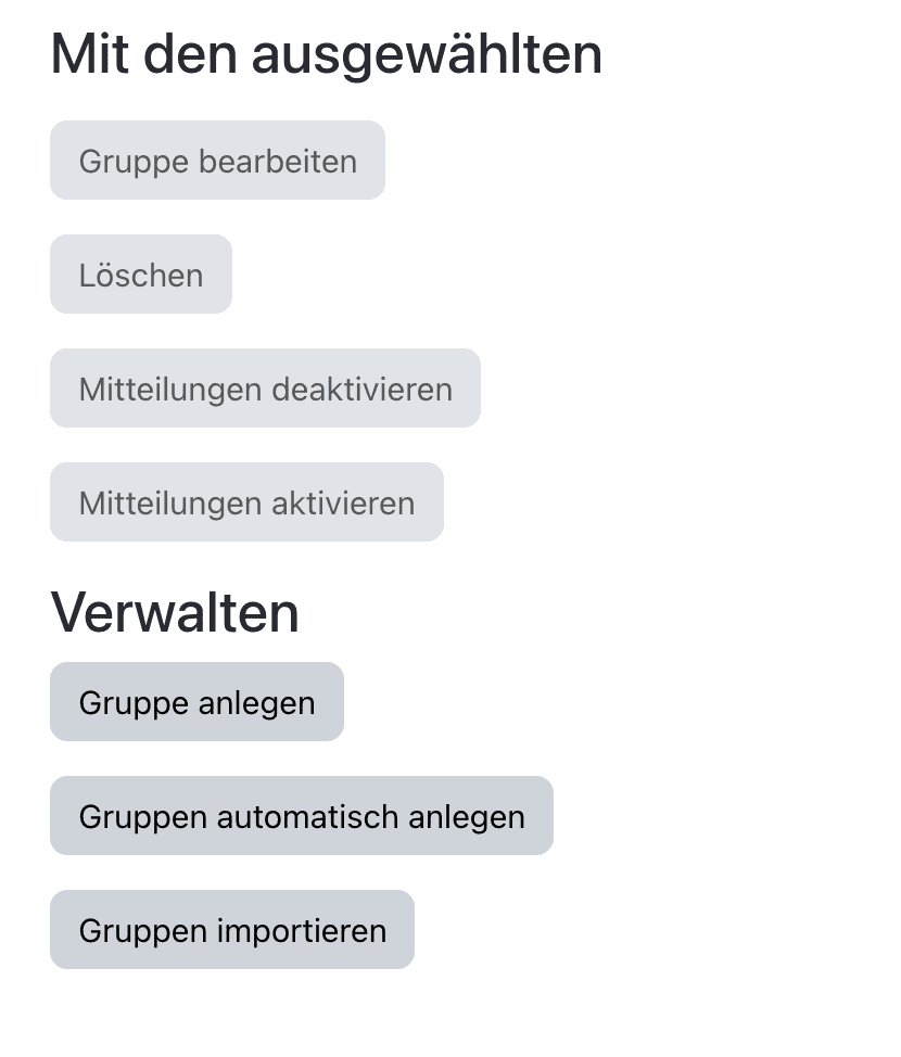 Bildschirmfoto der Bereiche "Ausgewählte" und "Verwalten".