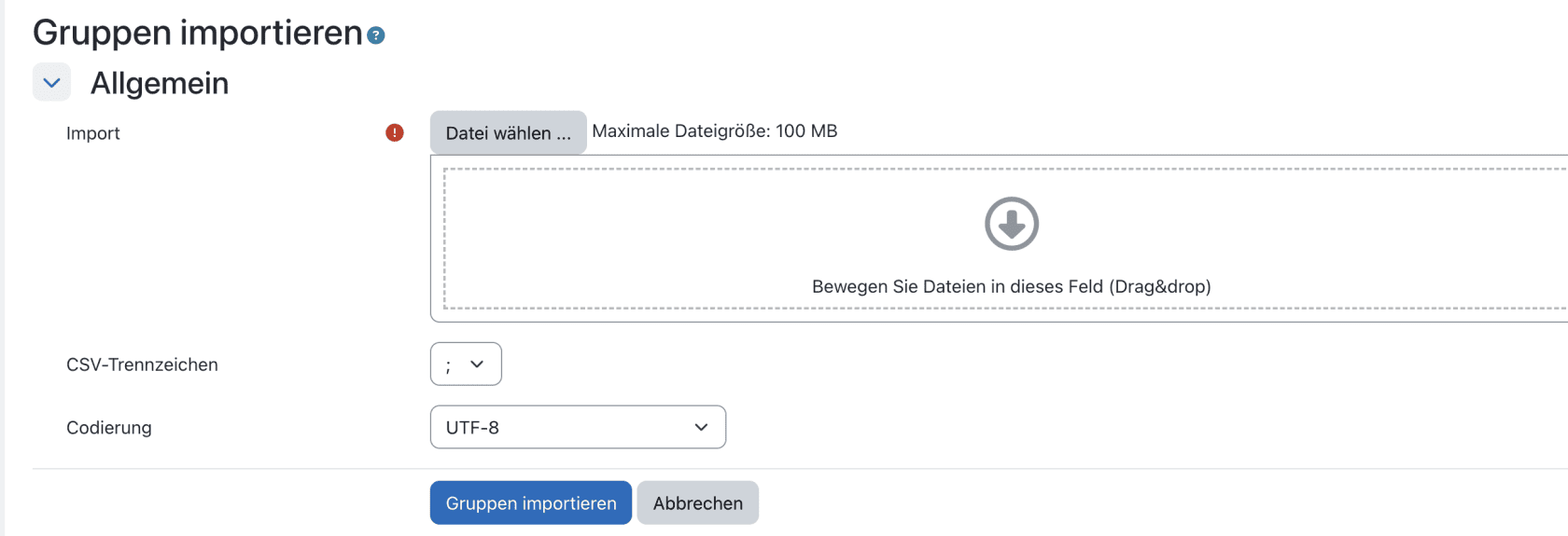 Bildschirmfoto der Seite "Gruppen importieren"