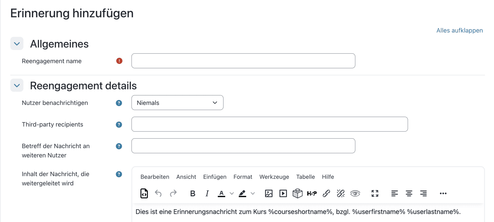 Bildschirmfoto der Seite "Erinnerung hinzufügen".