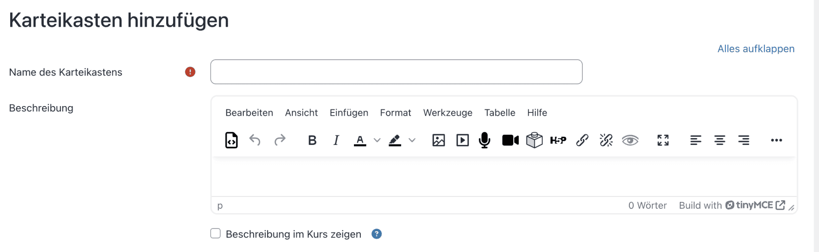 Bildschirmfoto der Seite "Karteikasten hinzufügen", es können Name und Beschreibung festgelegt werden.
