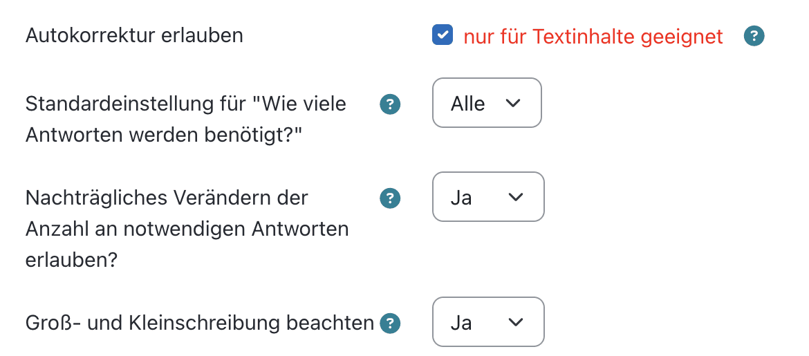 Bildschirmfoto des Abschnitts Autokorrektur und weiterer Standardeinstellungen.