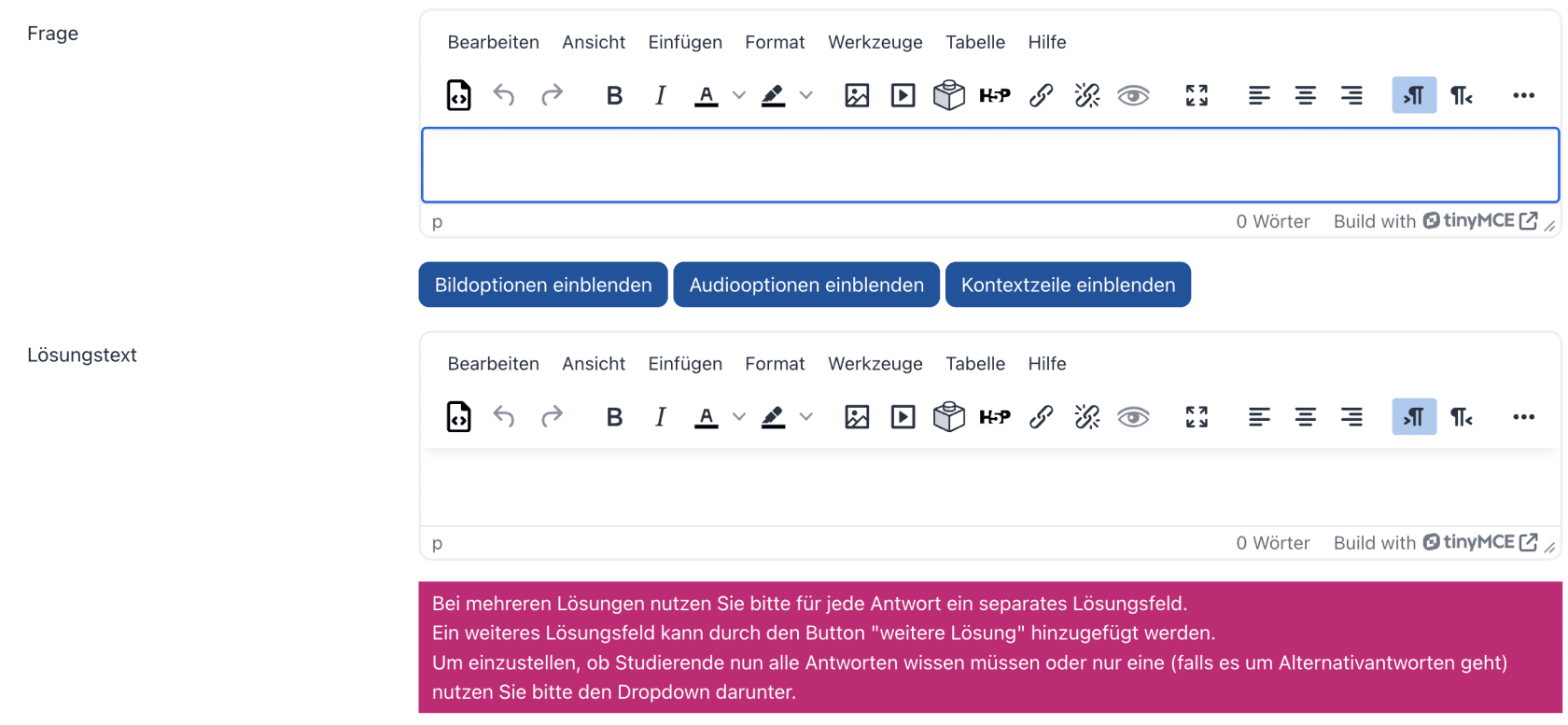Bildschirmfoto der Frage- und Lösungsboxen.