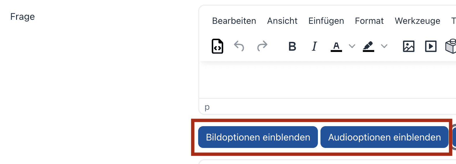 Bildschirmfoto der Fragebox, mit den rotumrandeten Buttons Bild- bzw. Audiooptionen einblenden.