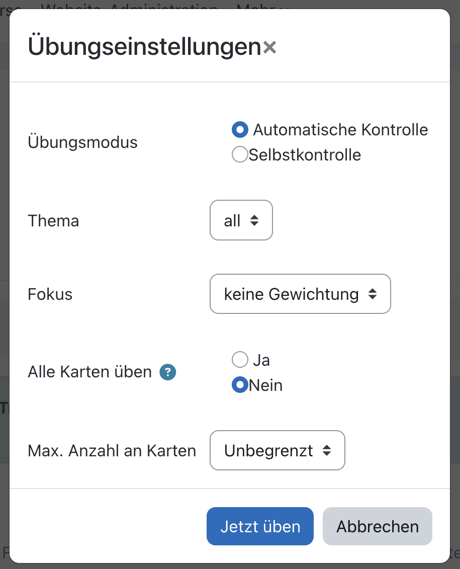 Bildschirmfoto der Übungseinstellungen