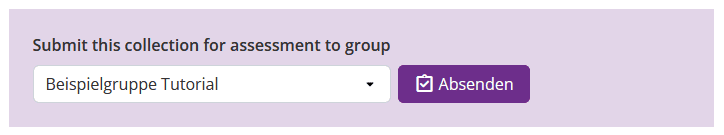 Screenshot des Unteren bereiches einer geöffneten Sammlung. Unter dem Inhalt ist der Text "Submit this collection for assessment to group", ein Dropdownmenü, in dem Gruppen ausgewählt werden können, denen man angehört und der Button "Absenden" aufgezeichnet.