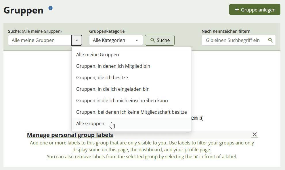 Screenshot der Mahara-Seite "Gruppen". Unter der Überschrift ist das Eingabefeld "Suche", daneben ein Button über den ein Dropdown-Menü über das Filteroptionen, unter anderem "Alle meine Gruppen" und als letztes "Alle Gruppen ausgewählt werden können. Weiterhin ein Eingabefeld "Gruppenkategorie" und der Button "Suche". Darunter folgt eine Liste der den Filtern entsprechend gefundenen Gruppen.