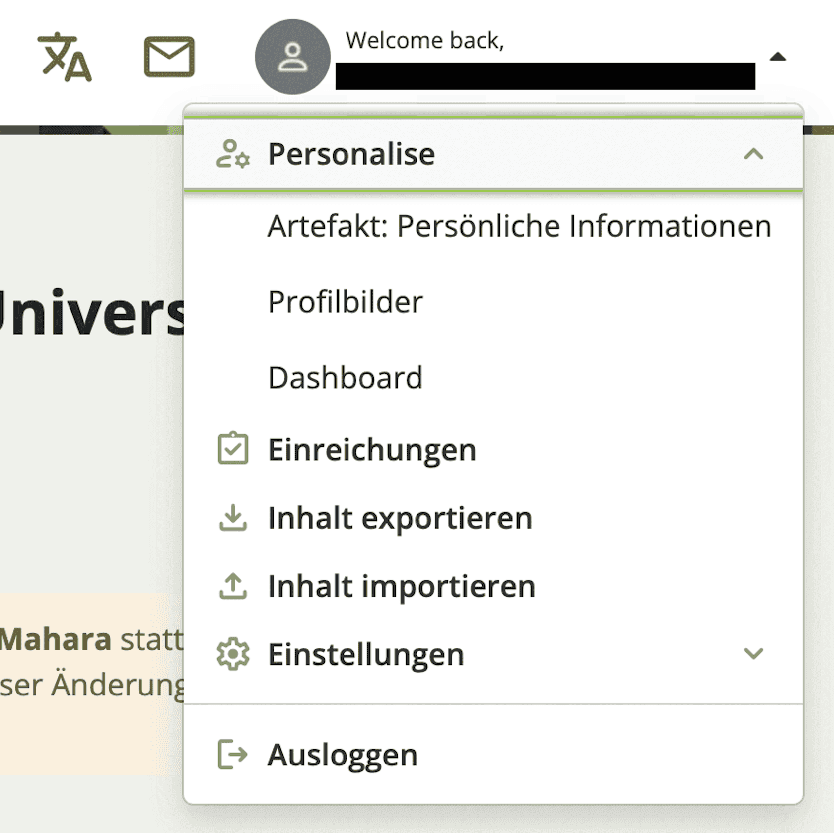 Screenshot des Mahara Accountmenüs