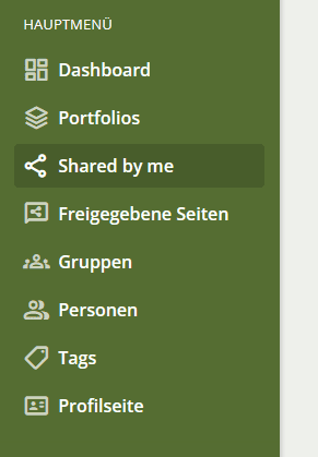 Screenshot des Mahara-Hauptmenüs. Der Button "Freigegebene Seiten" ist hervorgehoben.