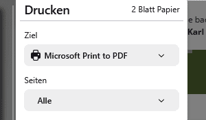 Screenshot des Drucken-Fensters im Firefox-Browser, als Ziel-Drucker ist "Microsoft Print to PDF" gewählt.