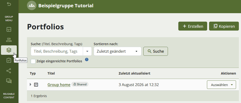 Screenshot der Gruppenseite Portfolios, der Button "Portfolio" im Gruppenmenü an der Linken Seit hervorgehoben. Tabellearisch werden Seiten und Sammlungen der Gruppe aufgelistet, im rechten obere Bereich die Buttons "Erstellen und "Kopieren".