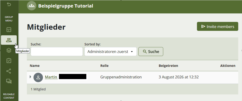 Ansicht der Gruppenseite Mitglieder, der Button "Mitglieder" im Group Menu links hervorgehoben.