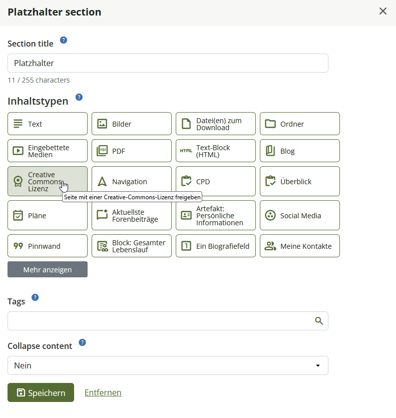 Screenshot des Bereiches Inhaltstypen beim Erstellen eines neuen Inhaltsblockes auf einer Seite. Der Button "Creative Commons Lizenz" ist hervorgehoben.