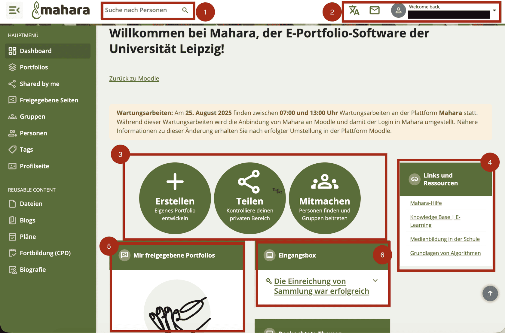 Screenshot des Mahara Dashboards mit Nummerierung der einzelnen Felder