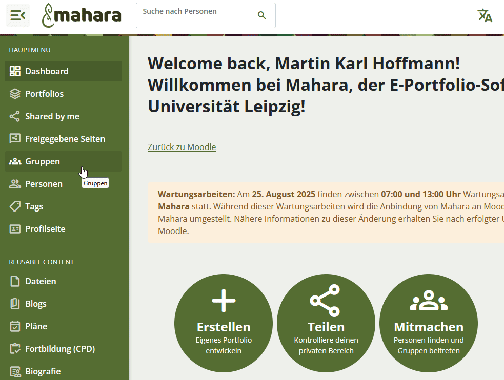 Screenshot der Mahara-Hauptseite. Das Hauptmenü ist geöffnet und ausgeklappt, der Button "Gruppen" unter "Mitmachen" ist hervorgehoben. Auf der Hauptseite ist von den drei zentralen Buttons "Erstellen", "Teilen und "Machmachen" der letzte hervorgehoben.
