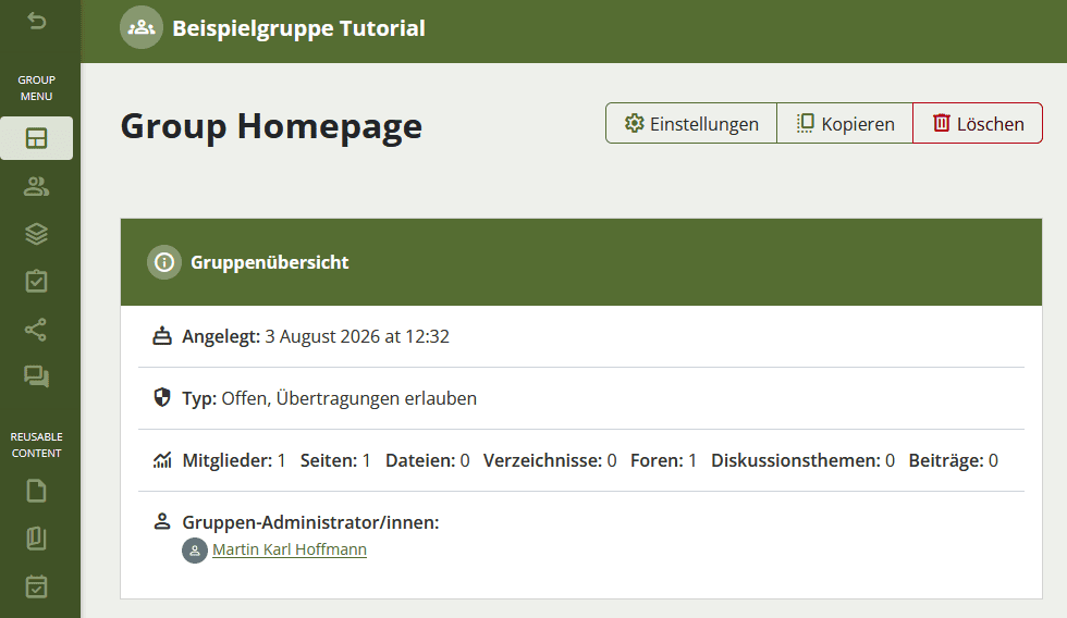 Screenshot der Hauptseite "Group Home" einer geöffneten Mahara-Gruppe. Im oberen Bereich die Informationen Gründungsdatum, Übertragungen, Mitglieder und Inhalte und die Buttons "Seite bearbeiten", "Einstellungen", "Kopieren" und "Löschen" im rechten Bereich.