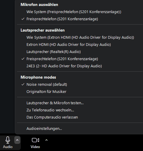 Screenshot der Zoom-Audio-Einstellungen, "Freisprechtelefon (S201 Konferenzanlage)" ist ausgewählt