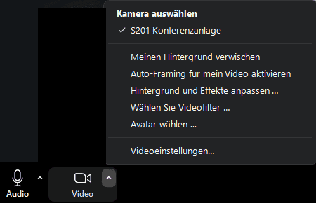 Screenshot der Zoom Video-Einstellungen, "S201 Konferenzanlage" ist ausgewählt