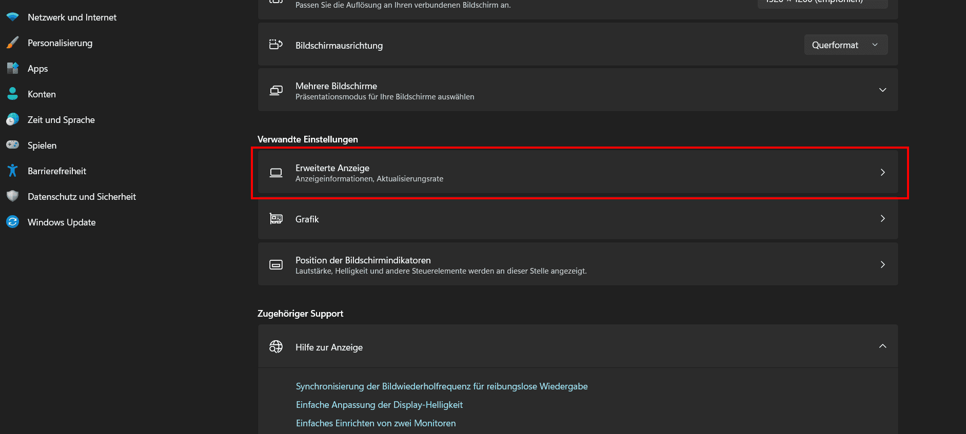 Screenshot: Windows-Dialogfenster. Mit rotem Rahmen hervorgehoben die Schaltfläche "Erweiterte Anzeige"