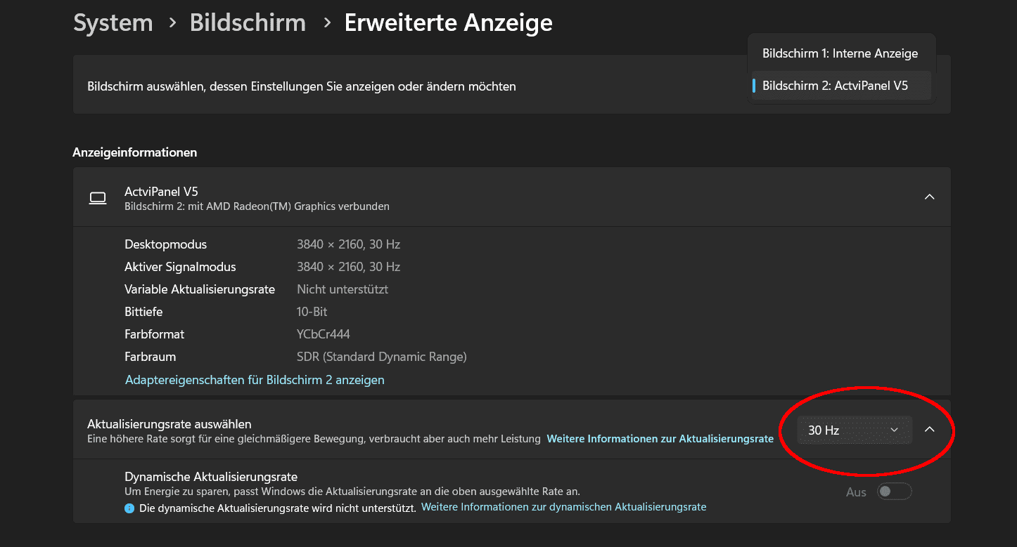 Screenshot: Windows-Dialogfenster. Rot hervorgehoben die Schaltfläche zum Einstellen der Aktualisierungsrate